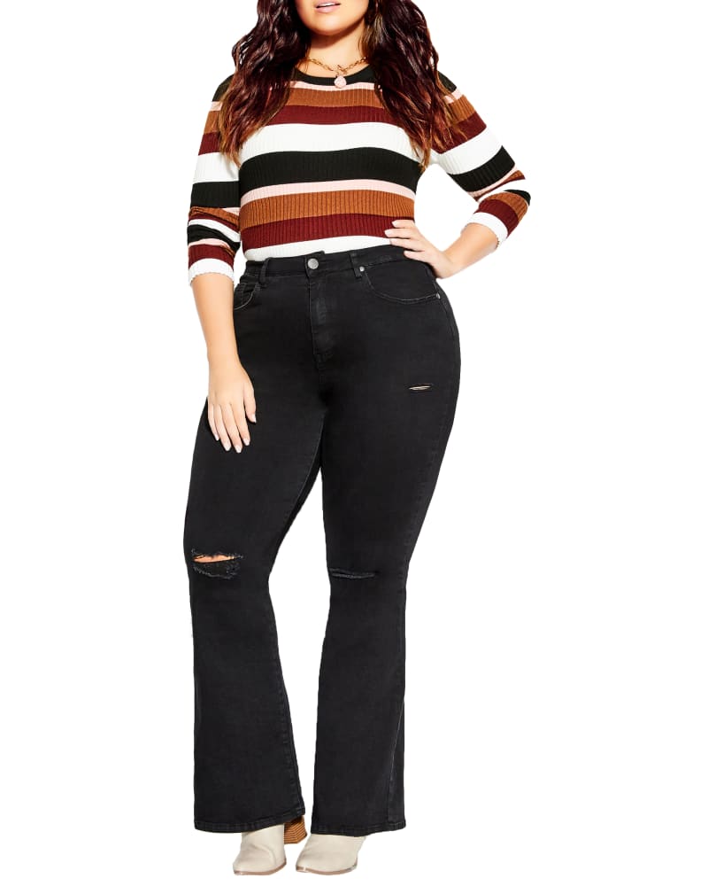 Front of a model wearing a size XS Jackie Stripe Sweater in White / Rust by CCX. | dia_product_style_image_id:228551